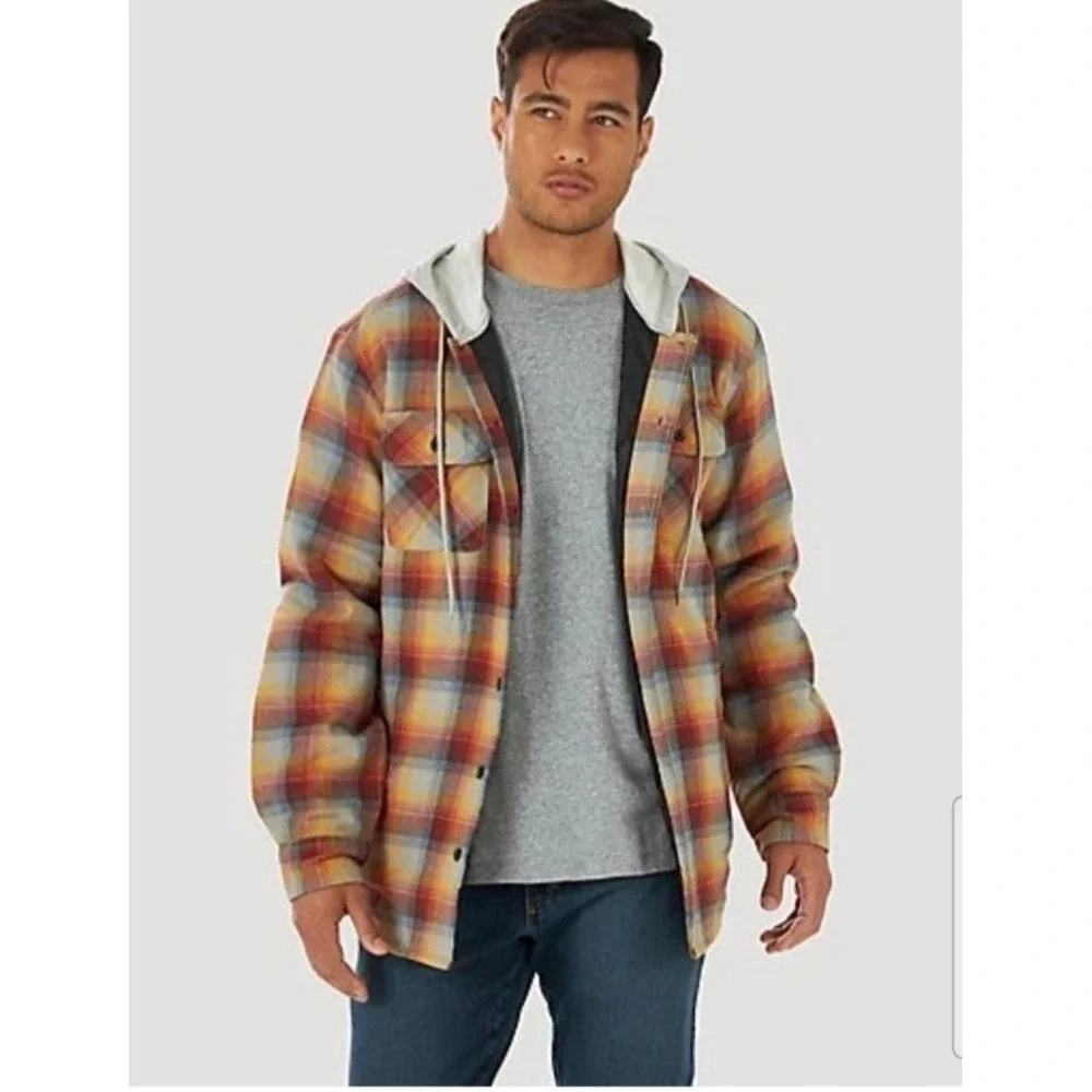 Wrangler Authentics Long Sleeve Quilted Flannel Shirt Jacket Hood Gold Men's L
